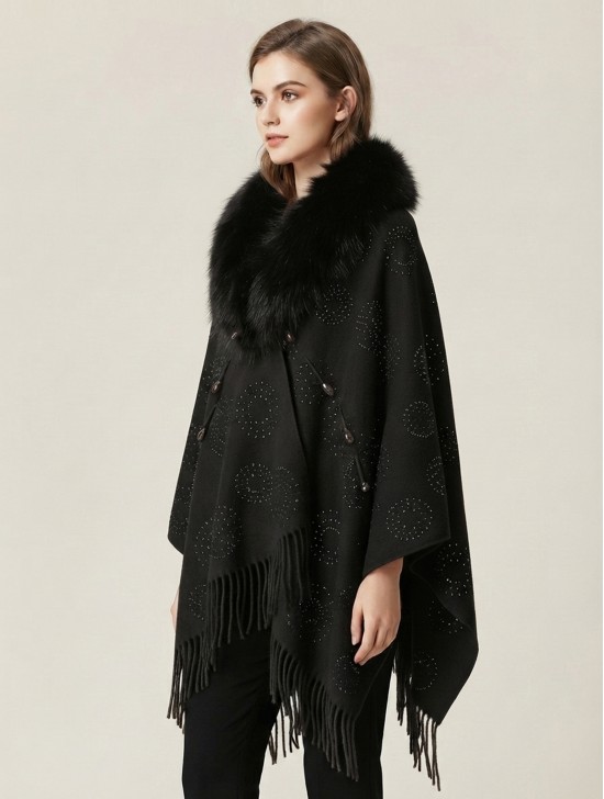 Wool Cape W/ Faux Fur and Rhinestones